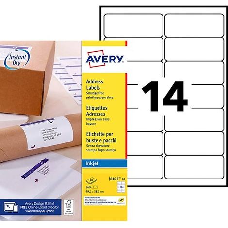 Etiquettes adresses jet d'encre 99,1 x 38,1 mm Avery J8163-40 - Pochette de 560 (1/4)