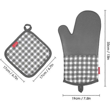 Gants de cuisine en silicone résistant à la chaleur Esonmus, maniques antidérapantes + 2 maniques en coton - gris (1/3)