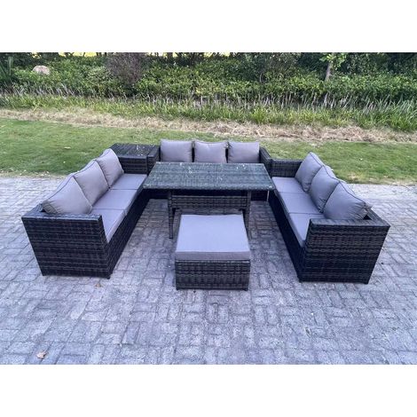Fimous 10 Seater Outdoor Wicker Garden Furniture Rattan Lounge Sofa Set Patio Rectangular Dining Table with Big Footstool Side Table Dark Grey Mixed (1/5)