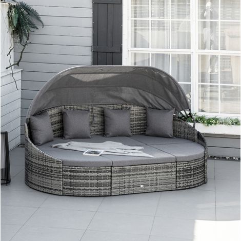 Muebles de jardín lounge de metal 4 plazas gris, set de 4 piezas en ratán PE con toldo retráctil y cojines desenfundables (1/5)
