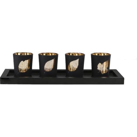 Elegantes y decorativos portavelas de metal y cristal con piedras naturales y bandeja de madera (juego de 4). (1/5)