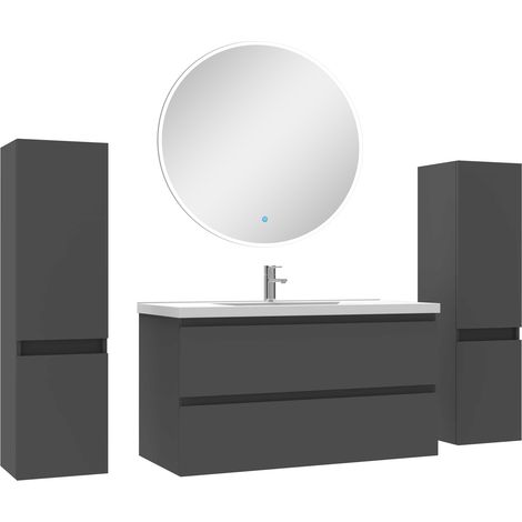 Ensemble meubles Salle de Bain avec colonne + miroir rond mural 100cm meuble Anthracite (1/5)