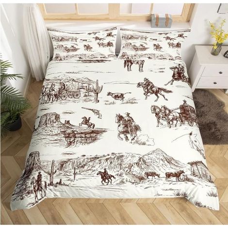Vintage Western Cowboy Parure de Lit Running Cheval Housse de Couette 90x190cm Western Literie Set Sketch Style Ensemble - VNC (1/4)