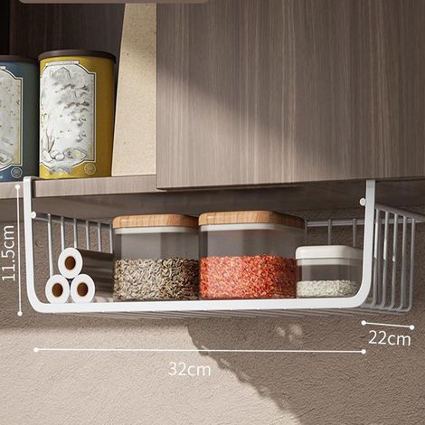 Panier de rangement sous étagère, multifonctionnel, entièrement métallique, en fil de fer, pour cuisine, bureau, garde-manger, bureau, bibliothèque, L, blanc (1/3)