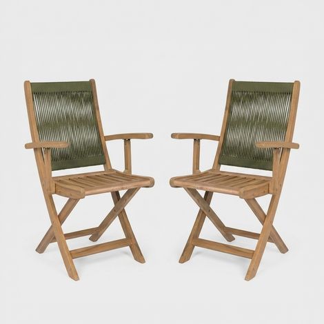 Lot de 2 chaises pliantes avec accoudoirs en bois et corde Danubio - Vert foncé (1/3)