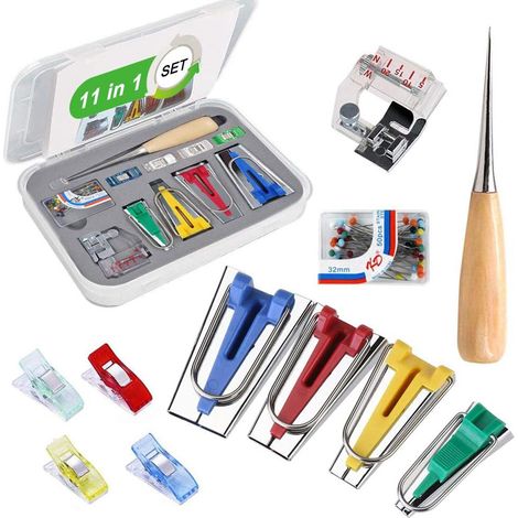 Appareils à Biais, Biais de Couture avec Épingles Droites, Pieds-de-biche, Couture Poinçonet et Clips Pince, 60 pcs Bias Tape Maker Machine Biais Ruban Maker pour Fabriquer Largeur 6mm/12mm/18mm/25mm (1/5)
