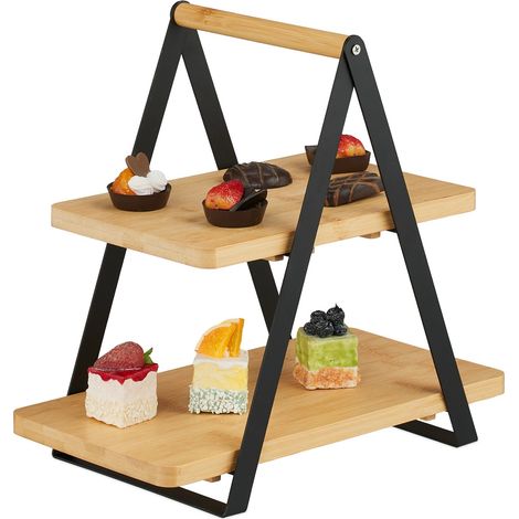 Relaxdays Etagere, 2 Etagen, Bambus, Metall, länglich, Griff, Kuchen, HBT 33 x 34 x 19 cm, Servierständer, natur/schwarz