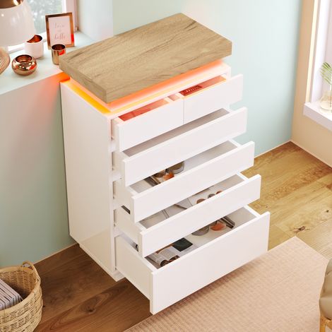 Cassettiere 115x73x39cm con 6 cassetti, credenza, mobile contenitore multifunzionale, LED, pannello di particelle, bianco (1/5)