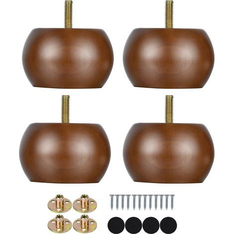 2 pouces Bun meubles pieds noix ronde jambes de canapé en bois massif ensemble de 4 boulons M8 pré-forés avec supports métalliques, brun (1/5)