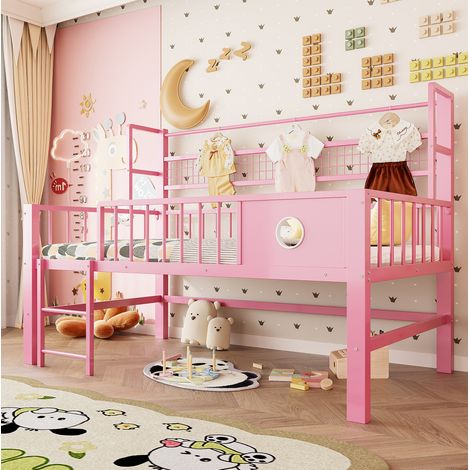 Cama alta baja infantil 90 x 200 cm rosa, estructura de metal con almacenaje (1/4)
