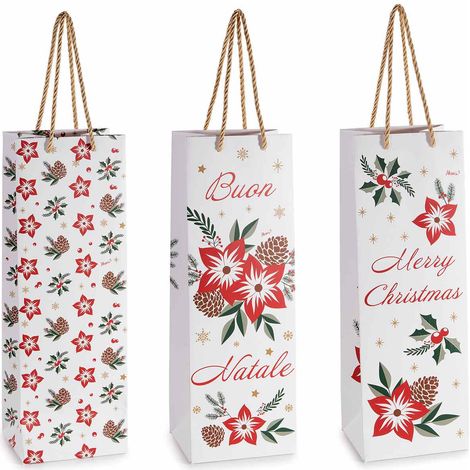 Sacchetti / buste porta bottiglia natalizi con manici in corda, decori a stelle di Natale e scritta Merry, set da 24 pezzi, cm 12 x 10 x 35 H