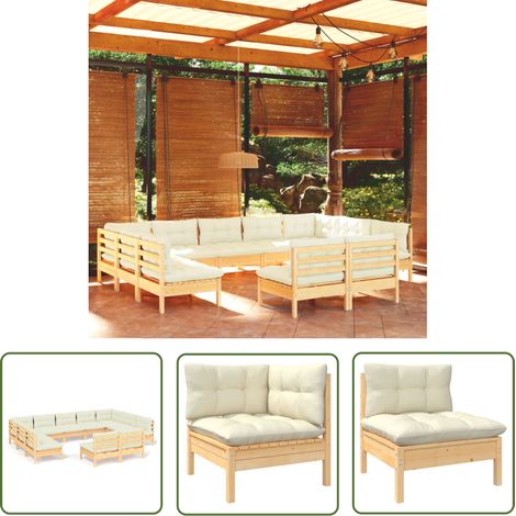 The Living Store 11-tlg. Garten-Lounge-Set mit Creme Kissen Massivholz Kiefer - Garten Lounge Set - Kiefernholzmöbel - Outdoor Möbel - Gartengeräte - Loungemöbel (1/5)