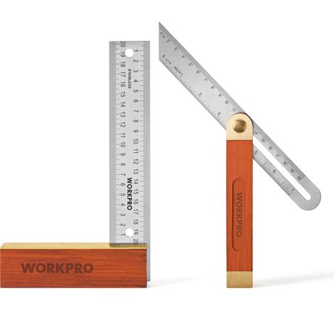 Workpro – Équerre 200 mm et fausse équerre 230 mm – Lame en acier inoxydable – Manche en bois rouge – Angle réglable 0-360° – Précision ±0,3°
