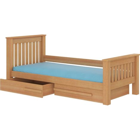 Lit enfant bois pin miel 90x200 avec 2 tiroirs de rangement Rallye (1/4)