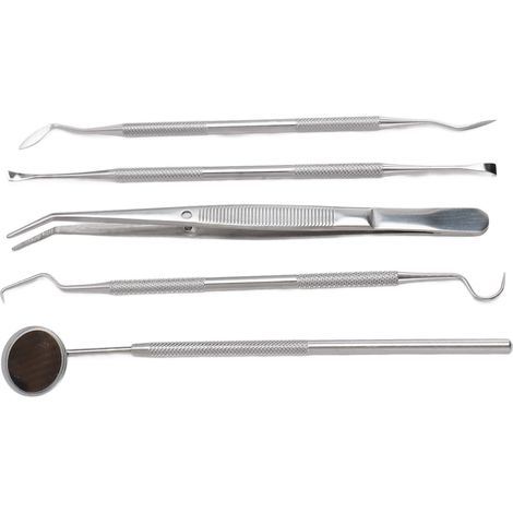 Kit d'hygiène dentaire 5 pièces comprenant un cure-dents, un gratte-dents en acier inoxydable, un miroir buccal et un outil de nettoyage des dents. (1/5)