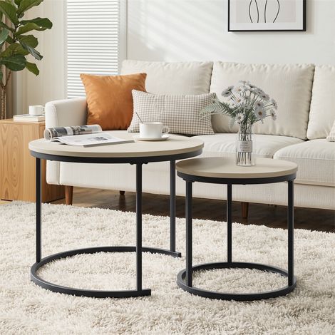 2er-Set runde Satztische – 60 x 60 x 45 cm – Duo aus Wohnzimmertischen im Industrial-Stil aus Eiche und schwarzem Metall – Eiche