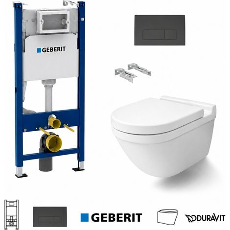 Pack WC inodoro suspendido con bastidor GEBERIT Duofix c/pulsador Delta negro 50 c/wc Starck 3 blanco brillo suspendido Rimless Duravit (1/4)