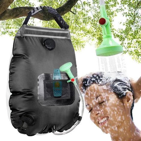 Sac de douche de camping à chauffage solaire portable (20 L ) Tuyau amovible Pommeau de douche avec interrupteur marche/arrêt Douche de voyage (1/5)