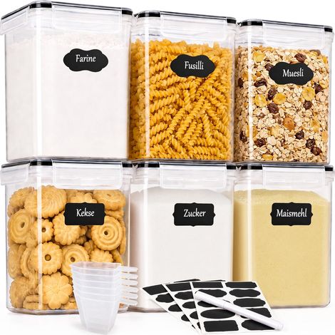 Lot de 6 boîtes hermétiques 2,5 L pour farine et sucre Boîtes carrées sans BPA pour le rangement et l’organisation en cuisine. Avec 6 gobelets doseurs, 30 étiquettes et 1 feutre (1/5)
