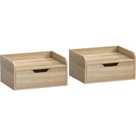 Ensemble de 2 tables de chevet murales avec tiroir et tablette surélevée, 40 x 30 x 19,5 cm, bois naturel (1/5)