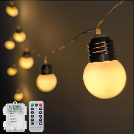 Guirlande lumineuse globe à piles de 3,5 m, 12 ampoules LED avec minuterie, guirlande lumineuse G40 pour fête, chambre à coucher, chapiteau, lettres, chiffres, Noël, camping (1/5)