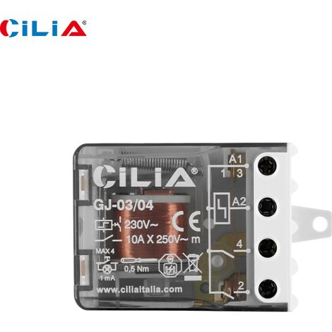 Relais électromécanique CILIA 230 V 10 A à impulsions, type 26.08 (pas à pas), avec circuit de bobine et contacts séparés, et interrupteur de dérivation. 4 séquences, 2 contacts NO pour l'éclairage. (1/5)