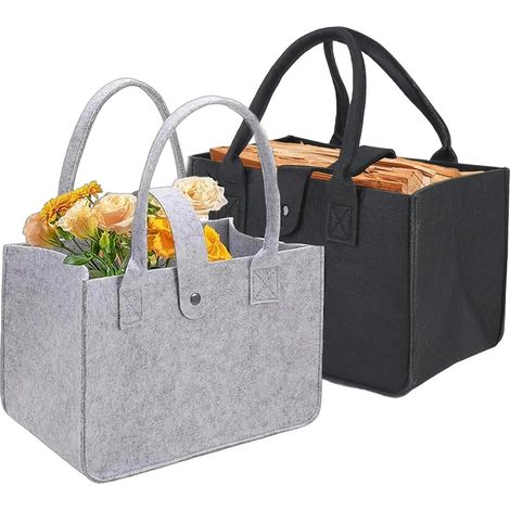 Lot de 2 sacs de courses pliables en feutre, 10 L, anses robustes, réutilisables pour le linge, les livres et les vêtements, gris-noir (1/5)