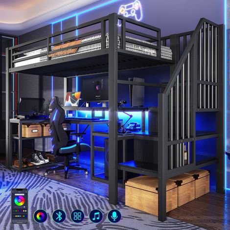 Cama alta 90x200 con estructura de hierro, cama litera infantil con estante, escalera con almacenaje, barandilla, tira LED, escritorio y puerto USB – sin colchón (1/5)
