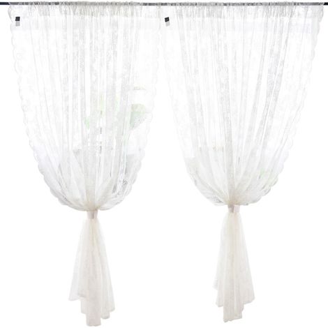 Juego de 2 paneles de cortina blancos de encaje floral con bordados – (75 x 130 cm) – Blanco (1/5)