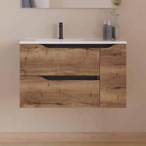 Meuble sous vasque seul, 2 tiroirs et 1 porte, 80cm, pour vasque déportée gauche - tabaco (bois foncé) - ZARZA