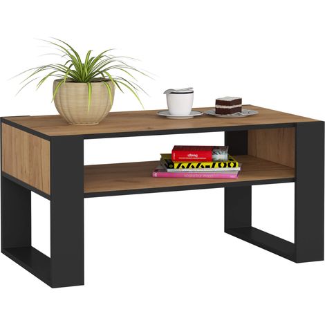 Akord – Table basse fixe 92x50x45 cm – Chêne craft avec étagère – Pieds noirs – Style loft moderne
