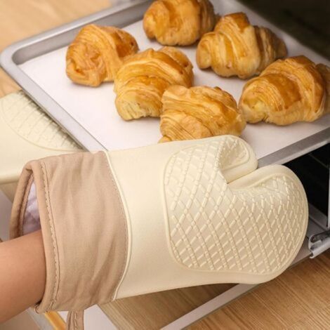 Gants de cuisine beiges, 27,5 x 19 cm, compatibles micro-ondes et four, épais, pour la pâtisserie. (1/5)