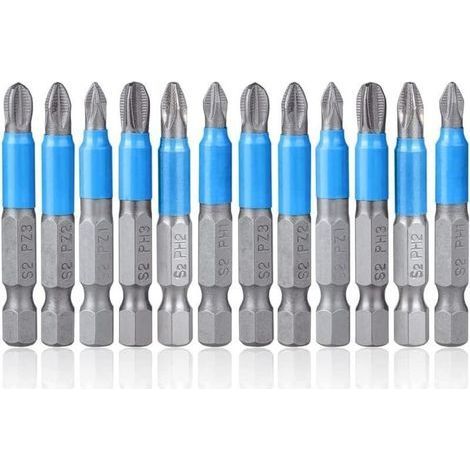 Jeu de 12 embouts de tournevis magnétiques Phillips, tige hexagonale de 50 mm, antidérapants, PH1, PH2, PH3, PZ1, PZ2, PZ3, pour tournevis électriques portatifs (1/4)
