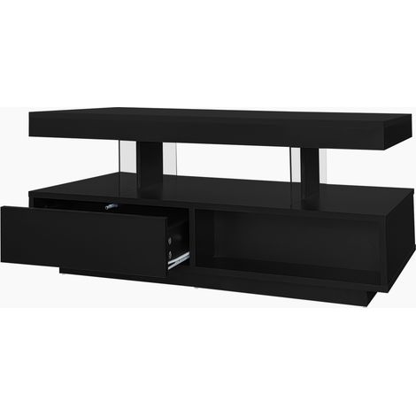 Mesa de centro negra brillo con 4 paneles de vidrio, 2 cajones y 2 huecos, 95x50x42,5 cm (1/5)