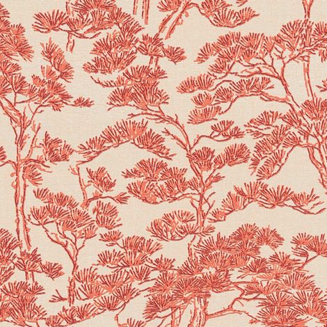 Textured Vinyl Wallpaper Beige Red Tree Print Asian Inspired Non Woven