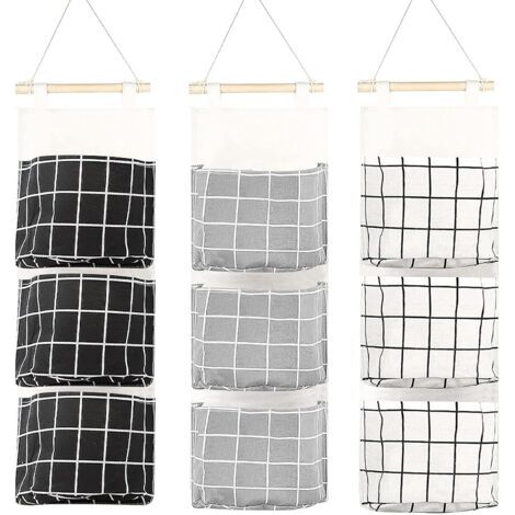 3 Pièces Sac De Rangement Mural, 58 x 20cm Sac à Suspendre Empilable à 3 Couches - Tissu De Lin Imperméable Organisateur De Poche Large Suspendu pour Chambre à Coucher Salle De Bain Cuisine (1/5)