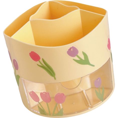 Boîte à crayons rotative en plastique jaune grande capacité avec autocollant, organisateur de bureau pour pinceaux de maquillage