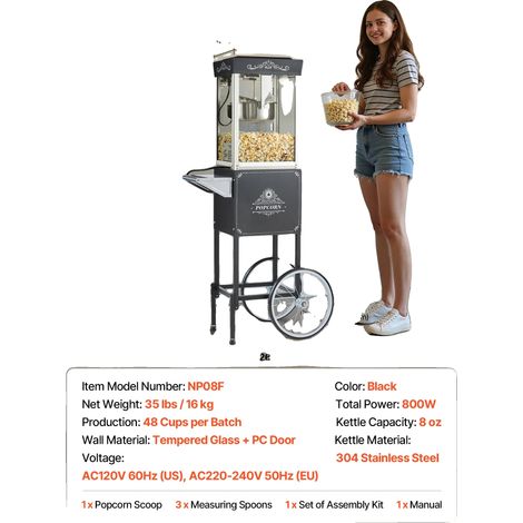 Popcornmaschine, 48 Tassen Fassungsvermögen, leicht zu reinigen, Schwarz (1/2)