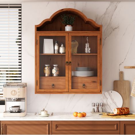 Retro-Wandschrank mit Glastüren und 2 Schubladen, 60 x 22 x 76,5 cm, Braun (1/5)