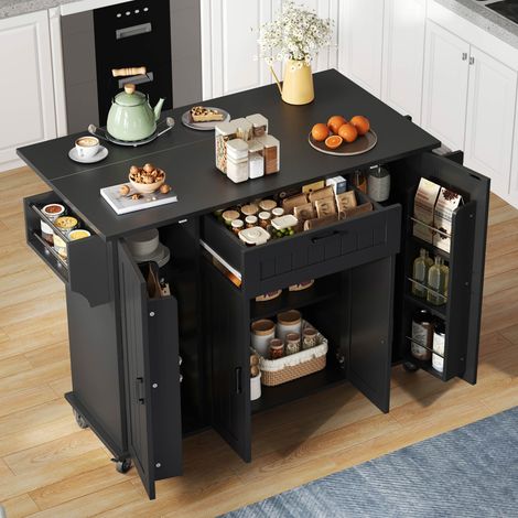 Îlot cuisine noir 120x45(70)x95, plan rabattable, 4 portes + tiroir, étagères épices, porte-serviettes, sur roulettes