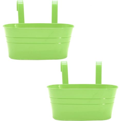 Lot de 2 pots de fleurs suspendus en métal, jardinière ovale pour balustrade, clôture, jardin ou balcon, pot suspendu en métal, support à fleurs, vert clair-AquaForge (1/5)