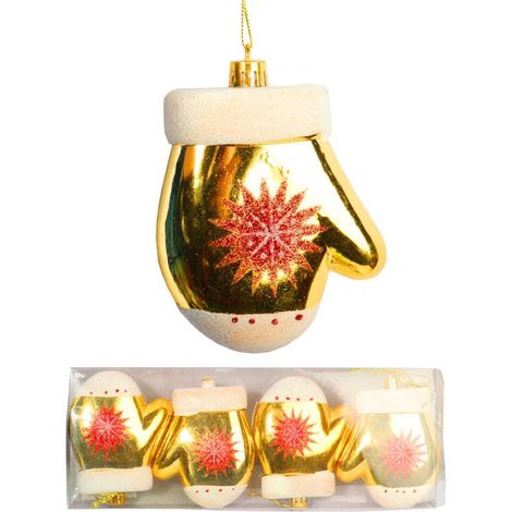 Set di 4 palline di plastica a forma di guanto dorato con glitter, 10 cm (1/3)