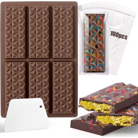 Stampi per cioccolato a forma di diamante, stampi profondi in silicone, con 6 teglie da forno, rivestimento antiaderente, riutilizzabili, senza BPA, include spatola e 100 sacchetti per il confezioname (1/5)
