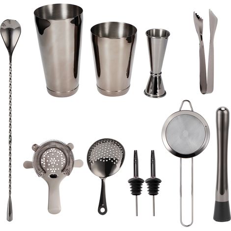 11-teiliges Cocktail-Shaker-Set, Barkeeper-Set, Cocktailsieb, Edelstahl-Barzubehör für Heimpartys, Ruthenium Schwarz (1/5)