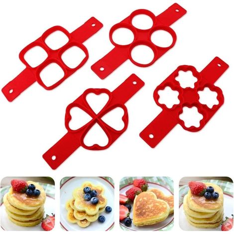 4 moules à œufs et crêpes en silicone antiadhésifs, étanches, carrés, ronds, en forme de cœur, rouges (1/5)
