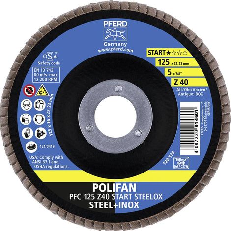 PFERD POLIFAN 69300934 - Disco a ventaglio, 10 pezzi, 125 x 22,23 mm, conico Z40, linea starter steelox  per acciaio, acciaio inossidabile (INOX)