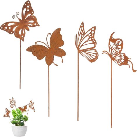 Tuteur de jardin en métal rouillé, motif papillon, lot de 4, 21 x 9,5 cm, décoration de jardin, décoration printanière, extérieur, tuteur pour fleurs, pour balcon, parterre, pot (1/5)