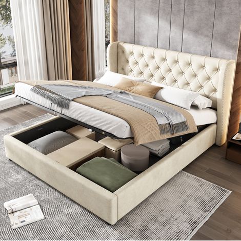 Cama doble 140x207x99 cm beige en terciopelo con cabecero Chesterfield y arcón hidráulico (1/5)