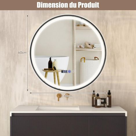 Design antibuée, miroir de salle de bain LED à 3 couleurs avec mémoire, affichage heure/température (1/5)