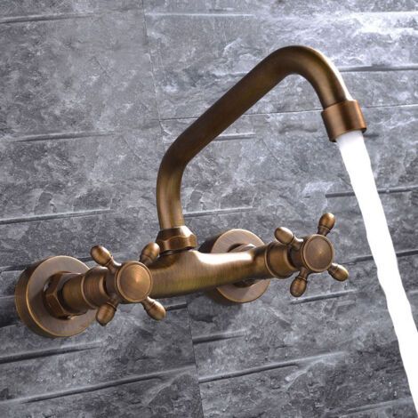 Robinet mural style antique : Corps en cuivre, bec pivotant à 360°, finition bronze antique (1/5)